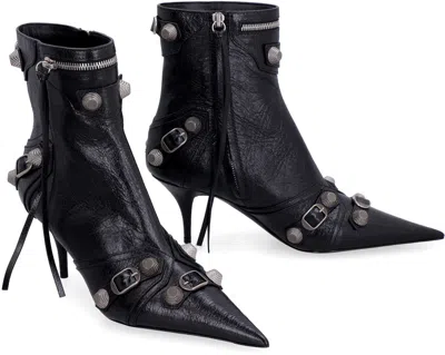 Balenciaga Cagole Patent Pointy Toe Ankle Boots In Black