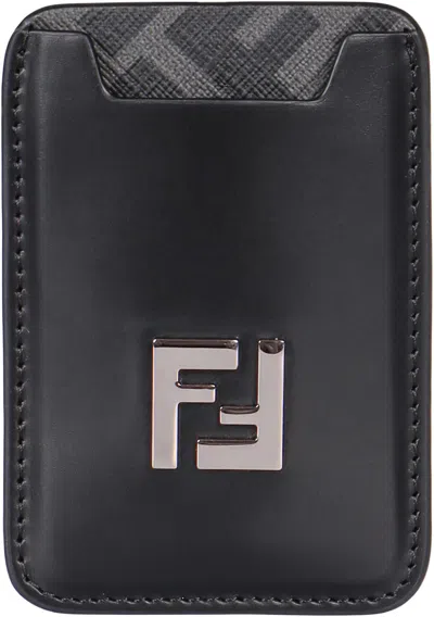 Fendi Black Leather And Black Ff Canvas Card Holder In Black
