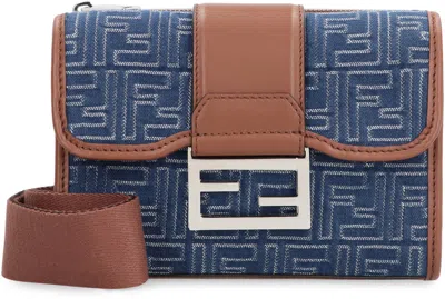 Fendi Denim-effect Ff Jacquard And Leather Double Baguette Bag In Blue