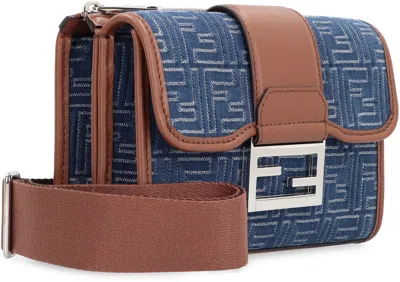 Fendi Denim-effect Ff Jacquard And Leather Double Baguette Bag In Blue