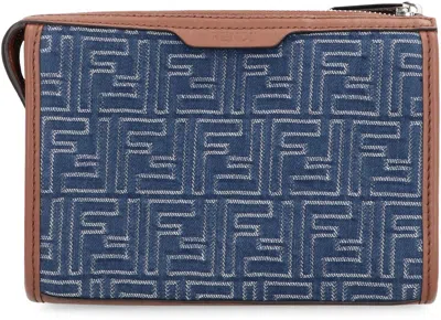 Fendi Denim-effect Ff Jacquard And Leather Double Baguette Bag In Blue