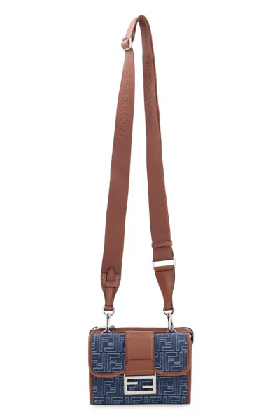 Fendi Denim-effect Ff Jacquard And Leather Double Baguette Bag In Blue