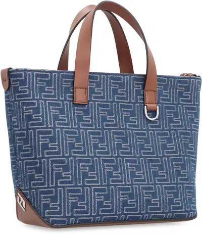 Fendi Structured Cotton Ff Shopping Bag With Leather Accents In Gray