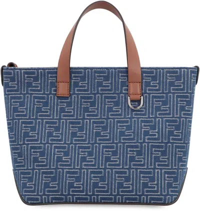 Fendi Structured Cotton Ff Shopping Bag With Leather Accents In Gray