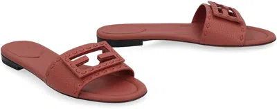 Fendi Baguette Leather Slides In Brown