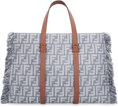 Fendi Summer Tote Ff Jacquard Fabric Shoulder Bag With Fringes In Blue