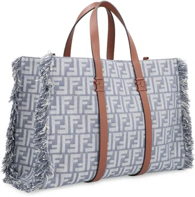 Fendi Summer Tote Ff Jacquard Fabric Shoulder Bag With Fringes In Blue