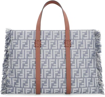 Fendi Summer Tote Ff Jacquard Fabric Shoulder Bag With Fringes In Blue