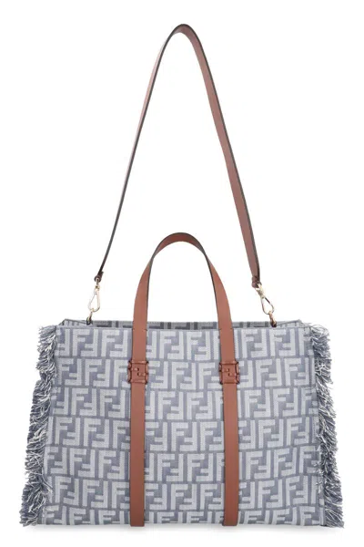 Fendi Summer Tote Ff Jacquard Fabric Shoulder Bag With Fringes In Blue