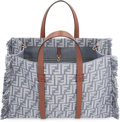 Fendi Summer Tote Ff Jacquard Fabric Shoulder Bag With Fringes In Blue