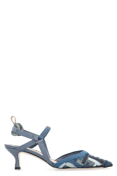 Fendi Dnu Inv  Ff Colibri Lite Medium Mesh & Leather Slingback Mule In Blue