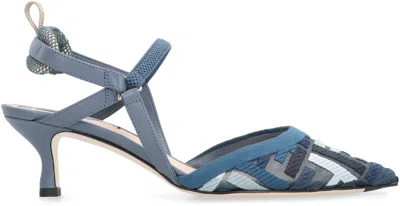 Fendi Dnu Inv  Ff Colibri Lite Medium Mesh & Leather Slingback Mule In Blue