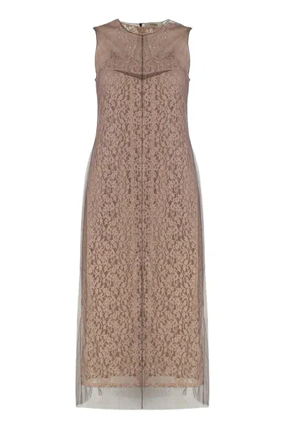 Fendi Women Beige Sleeveless Crewneck Dress With Floral Embroidery In Lace Woman In Brown