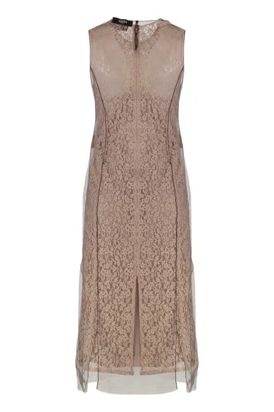 Fendi Women Beige Sleeveless Crewneck Dress With Floral Embroidery In Lace Woman In Brown