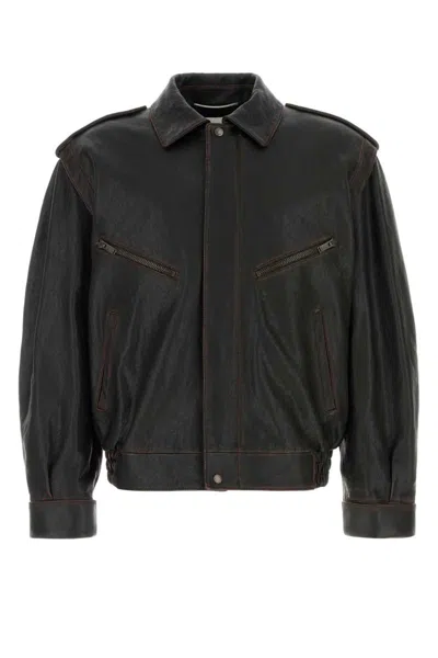 Saint Laurent Brown Jacket With Lived Effect And Front Welt Pockets In Leather Man In Black