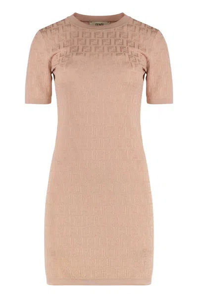 Fendi Ff Jacquard Knitted Mini Dress In White