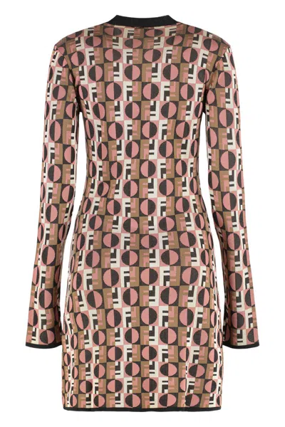 Fendi Optical Crew Neck Geometric Pattern Dress In Brown
