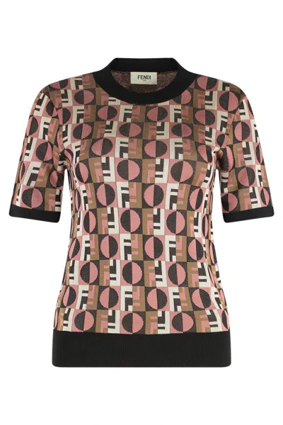 Fendi Optical Archive Print Short Sleeve Crewneck Knit Knitwear Multicolor In Brown