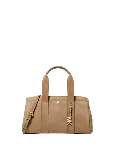 Michael Kors Romee Small Suede Satchel With Glossy Mk Logo In Brown