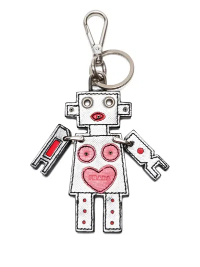 Pre-owned Prada 2015-2025 Robot Heart Keyring In Silver