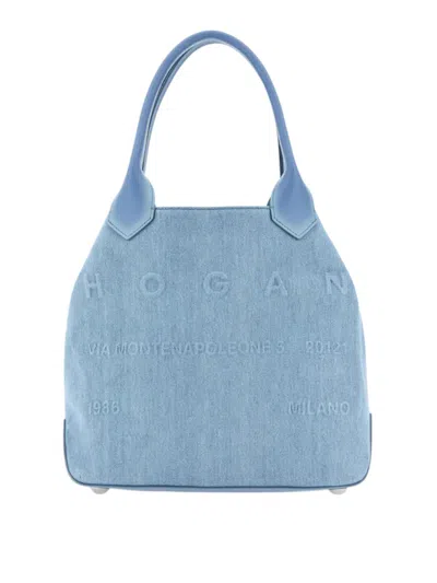 Hogan Cotton Denim Tote Bag In Blue In Blue