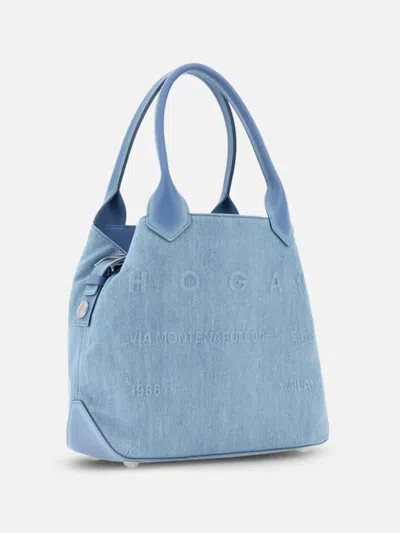 Hogan Cotton Denim Tote Bag In Blue In Blue