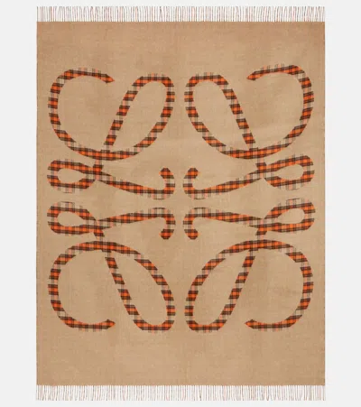 Loewe Anagram Checked Wool And Cashmere Blanket In Brown