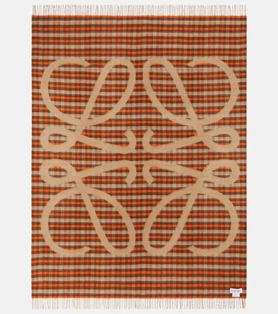 Loewe Anagram Checked Wool And Cashmere Blanket In Brown