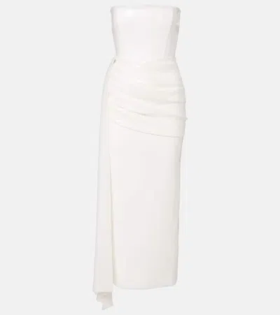Alex Perry Strapless Draped Sequined Mesh Midi Dress In White