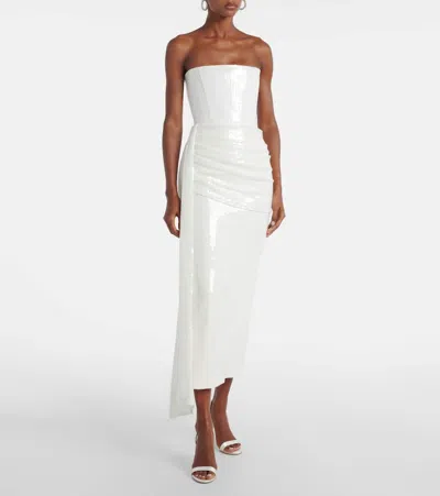 Alex Perry Strapless Draped Sequined Mesh Midi Dress In White