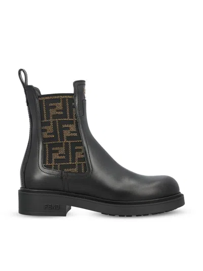 Fendi Black Leather And Ff Fabric Biker Jacket In Black