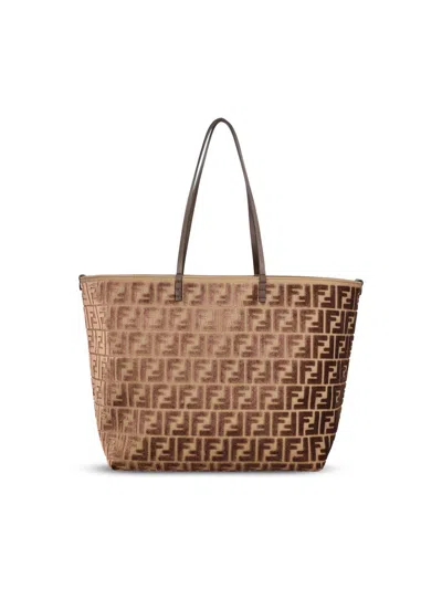 Fendi Roll Ff Jacquard Large Tote Bag In Brown