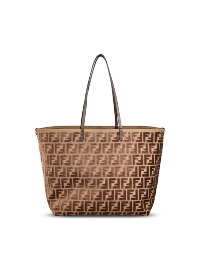 Fendi Roll Ff Jacquard Large Tote Bag In Brown