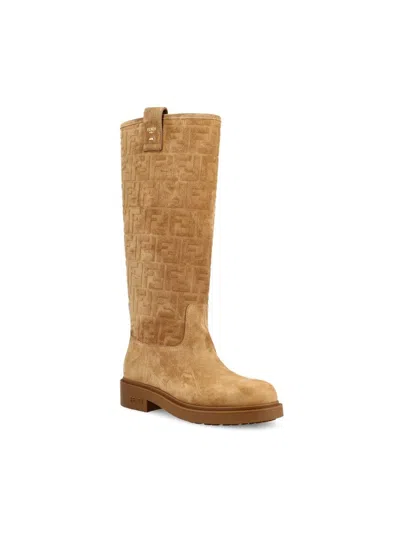 Fendi 35mm Tubular Ff Logo Suede Boots In Brown