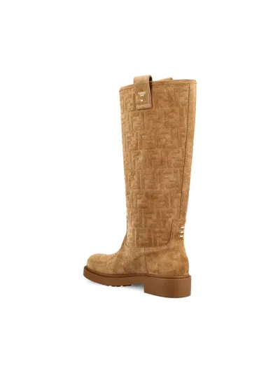 Fendi 35mm Tubular Ff Logo Suede Boots In Brown