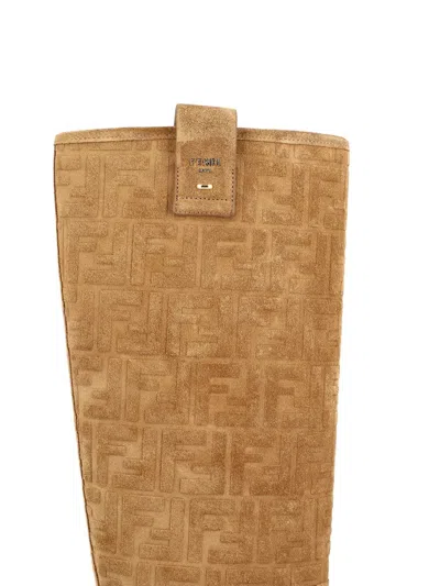 Fendi 35mm Tubular Ff Logo Suede Boots In Brown