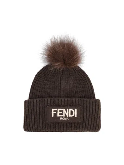 Fendi Brown Pompon Embroidered Logo Beanie Hat In Brown