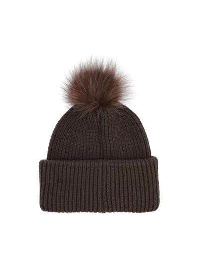 Fendi Brown Pompon Embroidered Logo Beanie Hat In Brown