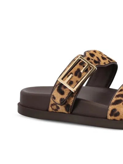 Fendi Feel Leopard Calf Hair Slide Sandals In Multi