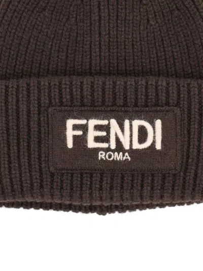 Fendi Brown Pompon Embroidered Logo Beanie Hat In Brown