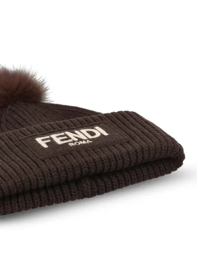 Fendi Brown Pompon Embroidered Logo Beanie Hat In Brown
