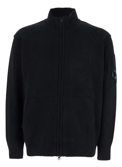 C.p. Company Black Jacket With High Neck And Logo Plaque On The Sleeve In Wool Blend Man In Black