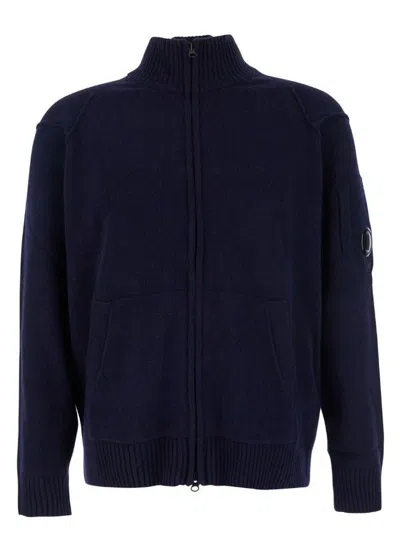 C.p. Company Blue Jacket With High Neck And Logo Plaque On The Sleeve In Wool Blend Man In Blue