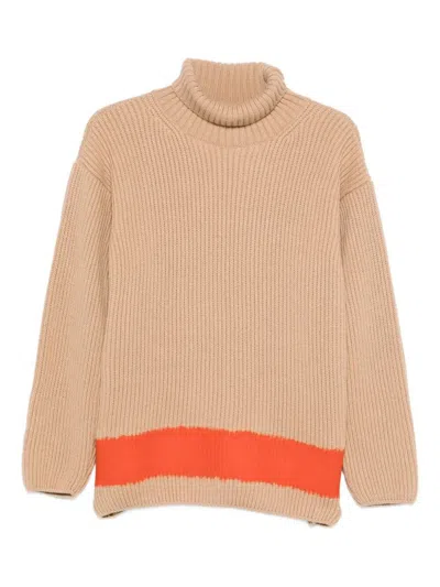 Msgm Turtleneck Sweater With Contrast Hem And Long Sleeves In Brown