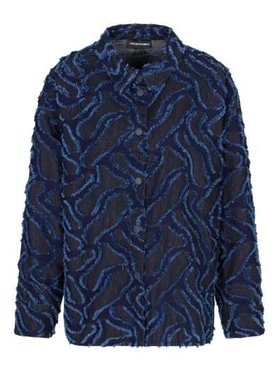Emporio Armani Fringed Embossed-motif Jacquard Denim Shirt Jacket In Blue