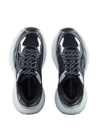 Emporio Armani Mesh Sneakers With Laminated Details And Signature Logo In Black
