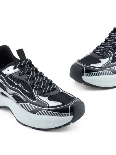 Emporio Armani Mesh Sneakers With Laminated Details And Signature Logo In Black