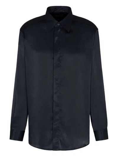 Emporio Armani Long Sleeve Satin Shirt With Spread Collar In Blue