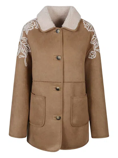 Ermanno Firenze Floral-embroidered Suede Jacket In Brown