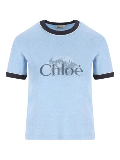 Chloé Short Sleeve Crew Neck T-shirt With Trim In Blue